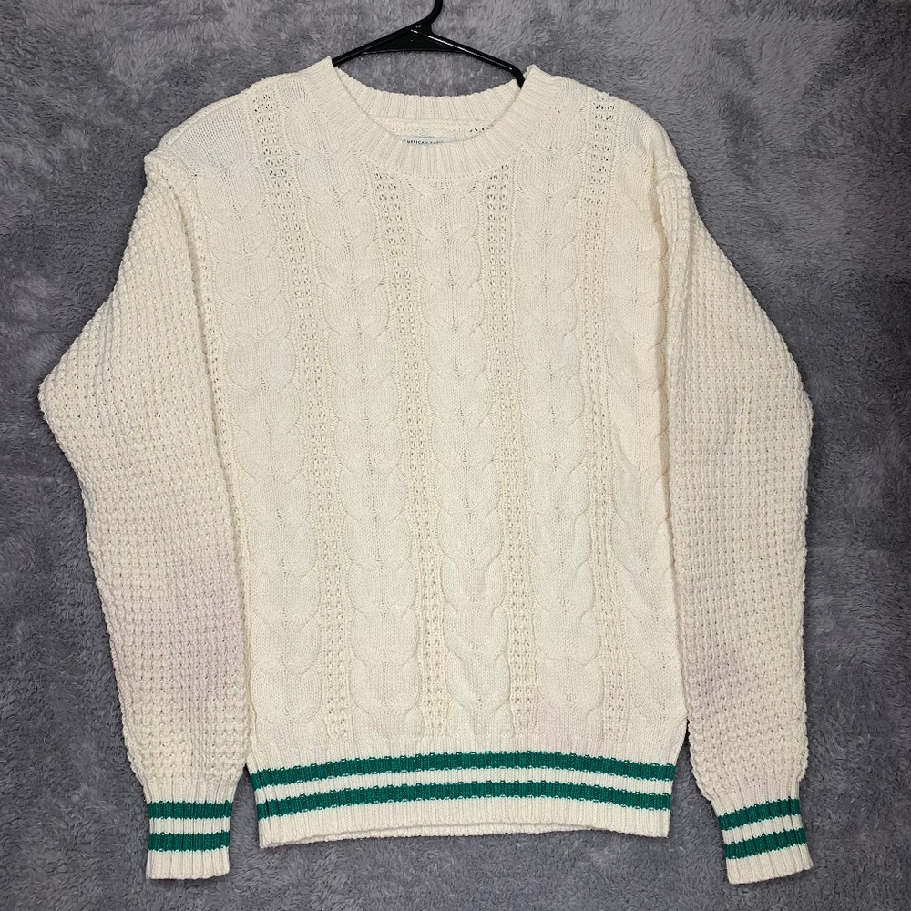 American Eagle Sweater Womens XS Cream Green Varsity Striped Cable Knit Crewneck